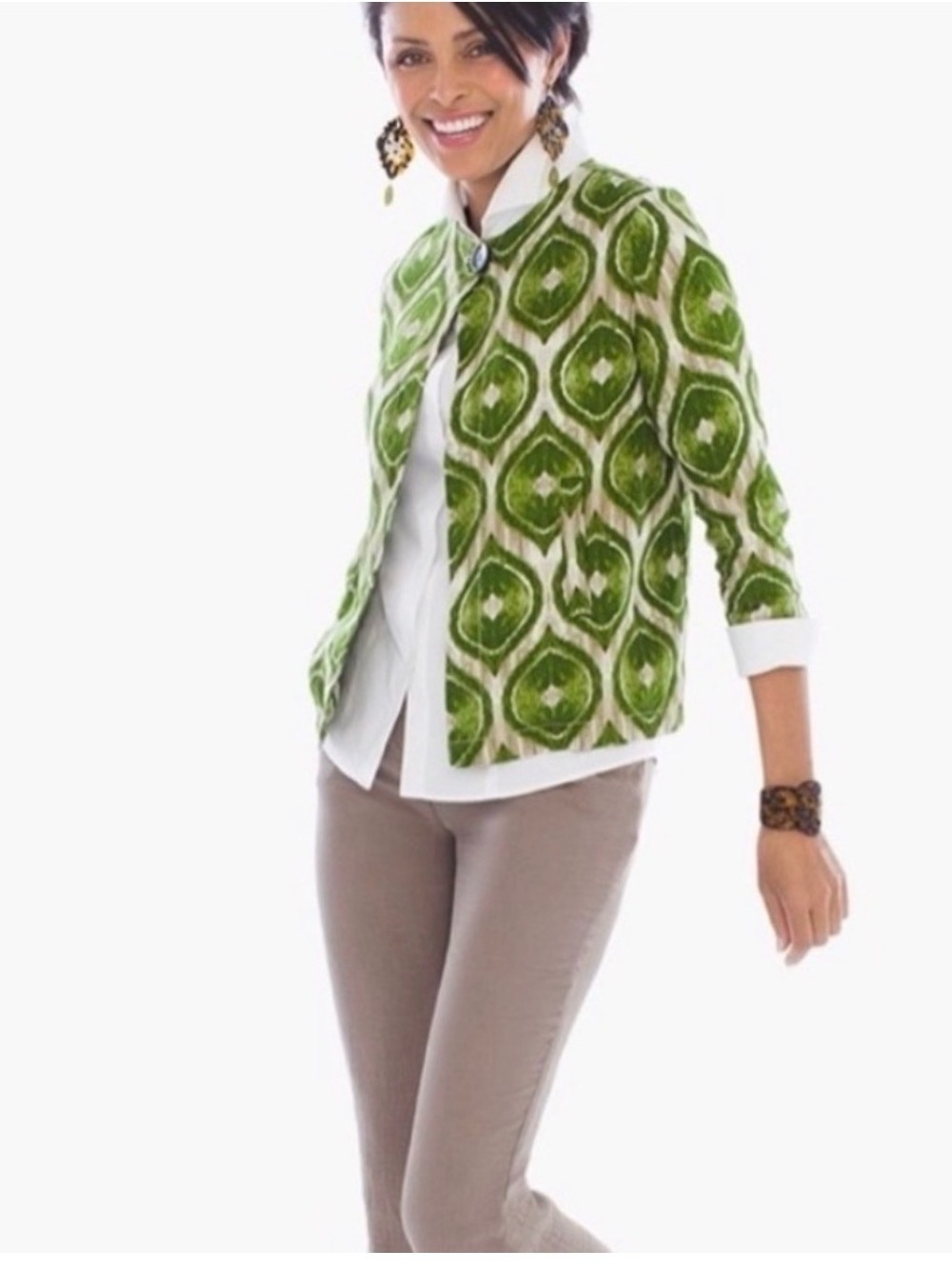 Chico's Green Patterned Single-Button Jacket size 1 or med standard size